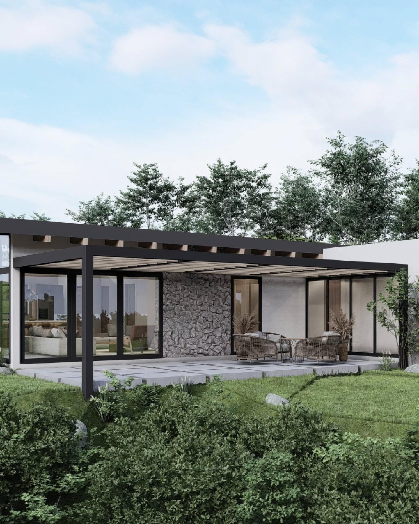 Frame House 

Cada l&iacute;nea, cada textura y cada volumen tiene una raz&oacute;n de ser. En este dise&ntilde;o, buscamos que la luz, los espacios y los materiales dialoguen con el entorno.

Desde la primera idea hasta estos renders, todo nace de e