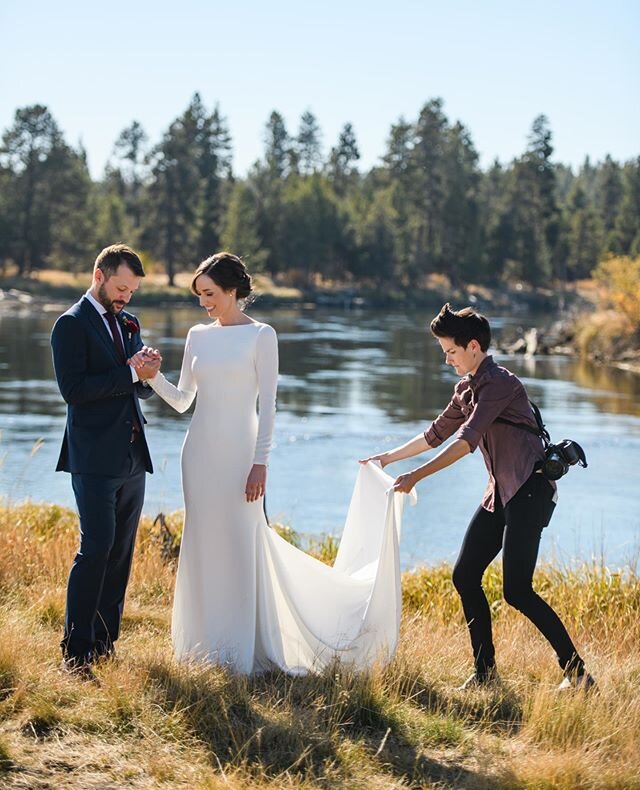 First: That's my wife straightening out the dress, and she's the cutest.⁠⠀
⁠⠀
Second: Caitlin's dress was royal and exquisite.⁠⠀
⁠⠀
Third: I'm most proud of the littlest things we do before, during and after weddings, and this photo is an example of 