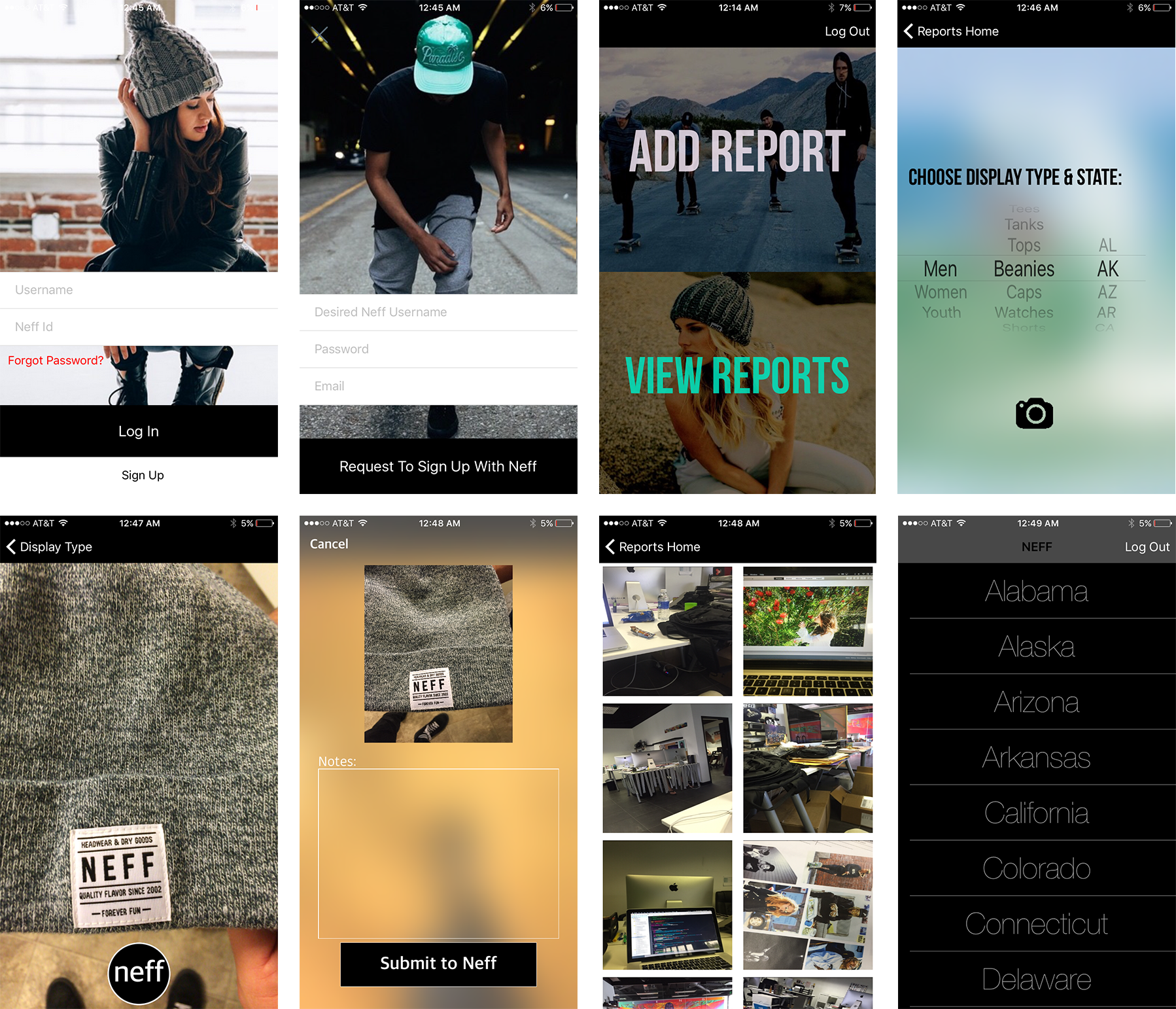    As an intern for Neff, I worked on an internal app that allowed HQ to see how their products were being displayed in stores as well as a lot of graphic design work and picture editing. 
