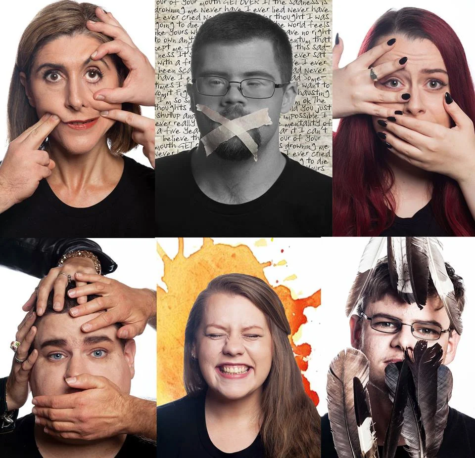 [Image Description: six photographs in a collage in a 3x2 format. Each photograph features an artist headshot, one with fingers poking into her face, another with masking tape over his mouth, another covering her mouth, another staring into the came…