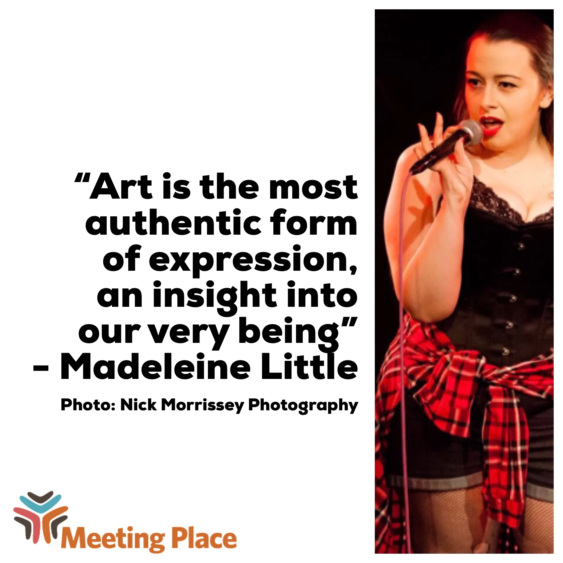 [Image description: white graphic with a photo of Madeleine Little performing in a black corset, denim shorts, and a red flannel tied around her waist. She is holding a corded microphone in one hand and is speaking. To the left of the photo is text …