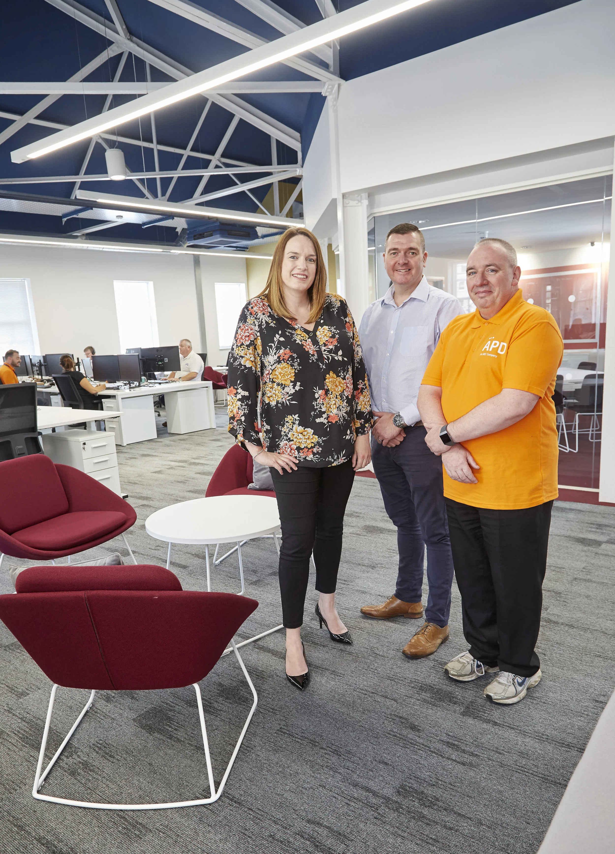 Commercial Director Rhiannon Beeson, Support Team Leader Dave Campbell, centre, and Support Engineer Mark Grice in APD Communications’ inspiring new offices in Hull’s Old Town.