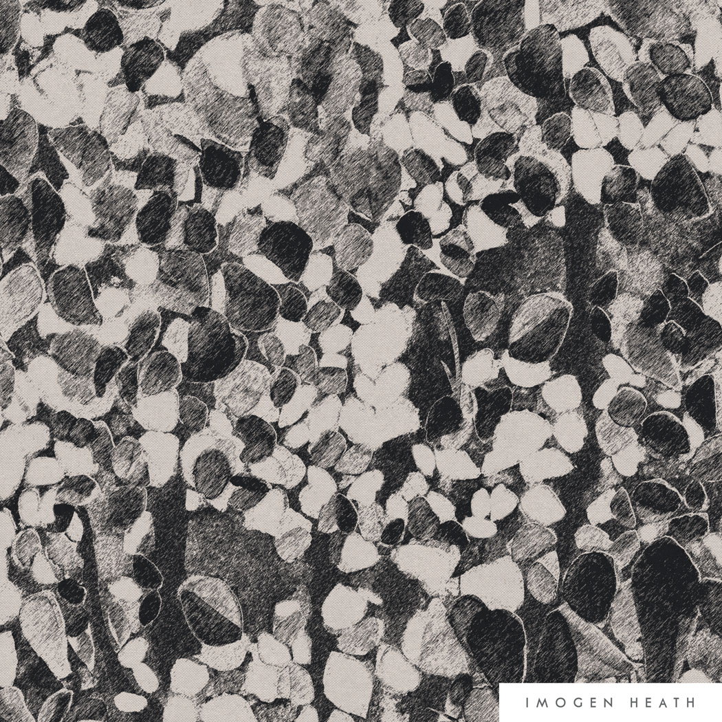 Imogen heath Interior Fabric Linen and Velvet - Wood for the Trees in Black & Oatmeal - organic botanical pattern
