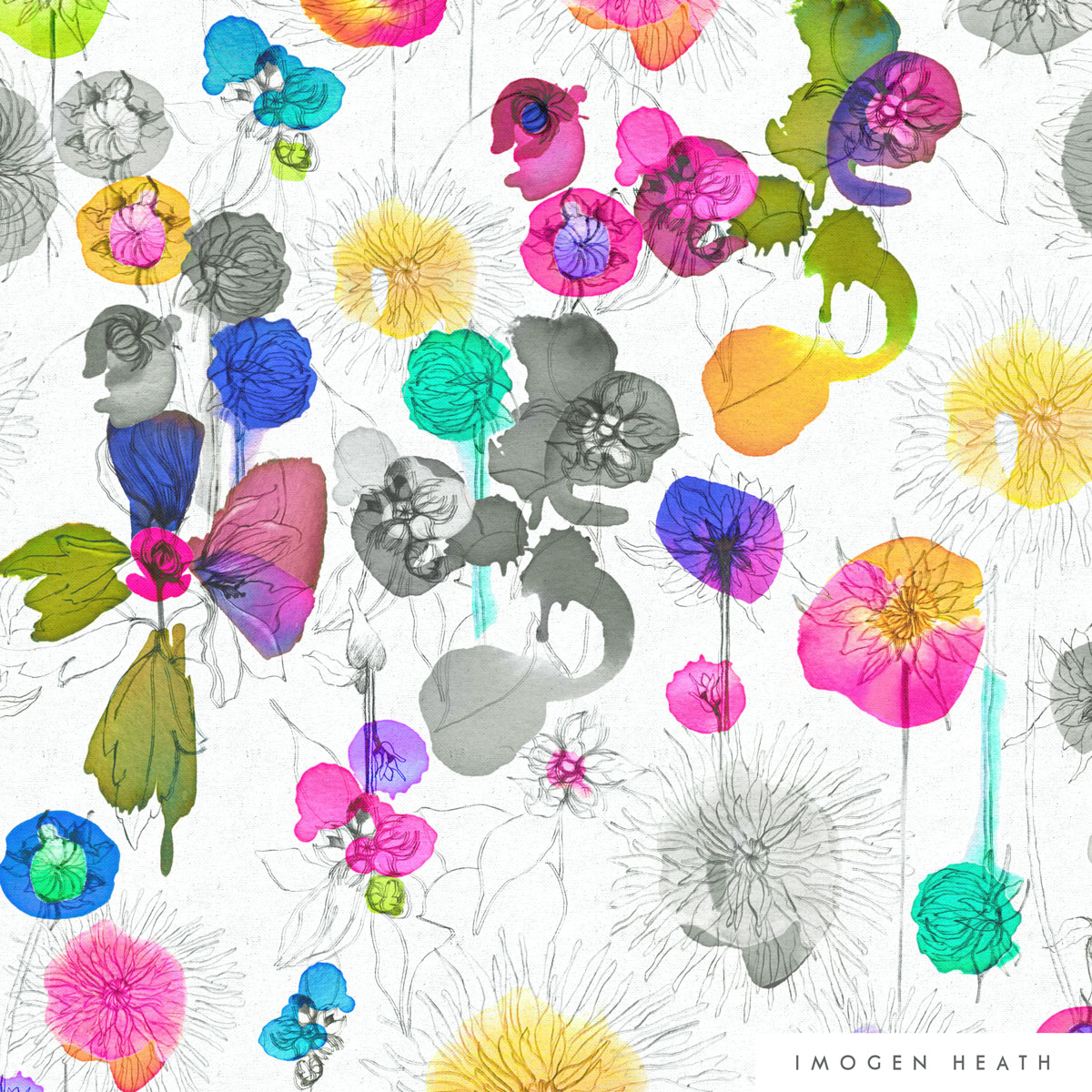 Imogen Heath Interiors Linen Fabric - Dahlia Multi - watercolour floral pattern