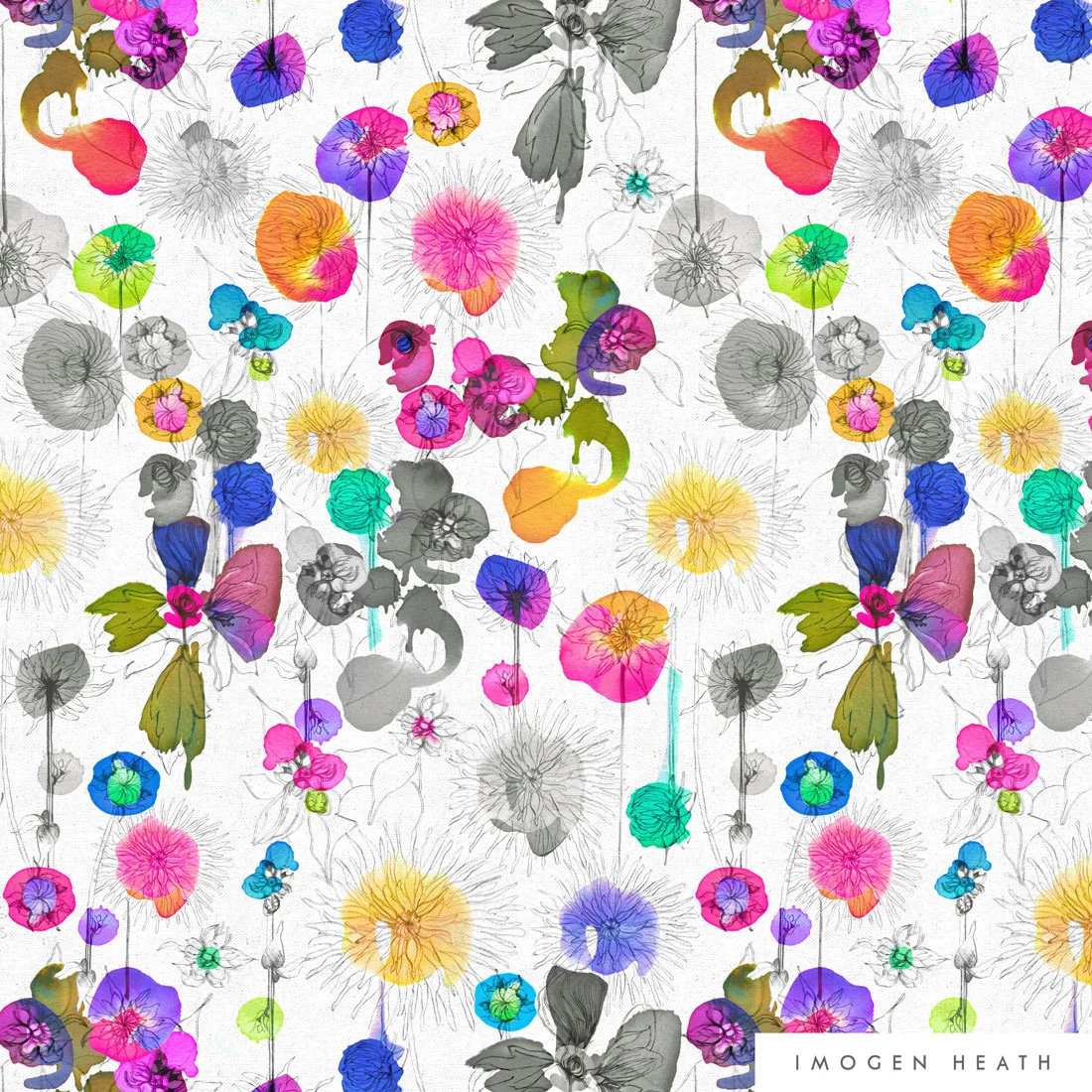 Imogen Heath Interiors Linen Fabric - Dahlia Multi - watercolour floral pattern