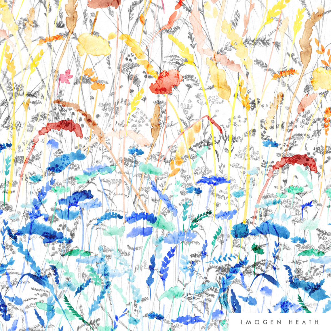 Imogen Heath Interiors Linen Fabric - French Meadow Multi - watercolour botanical pattern