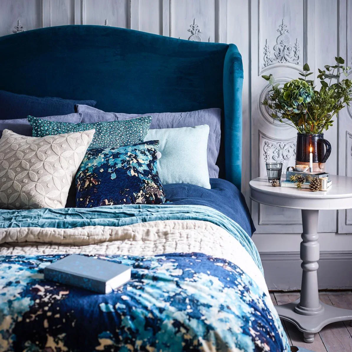 Imogen Heath Interiors Velvet Fabric - Sophy Teal soft furnishings bed throw