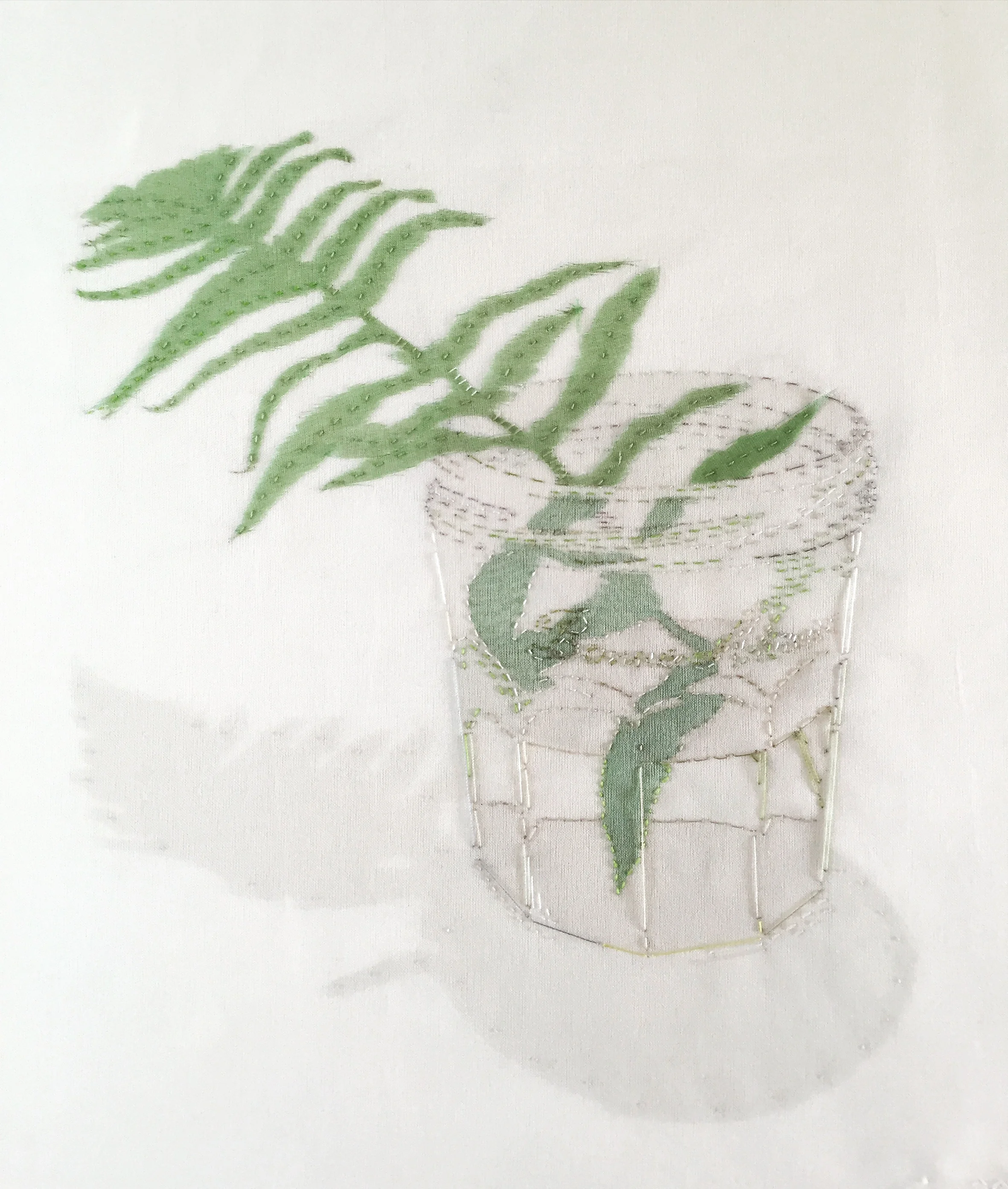 Under a Beech Tree, Fern in Bonne Mamam Jar 2016 hand embroidered silk organza on linen - SOLD