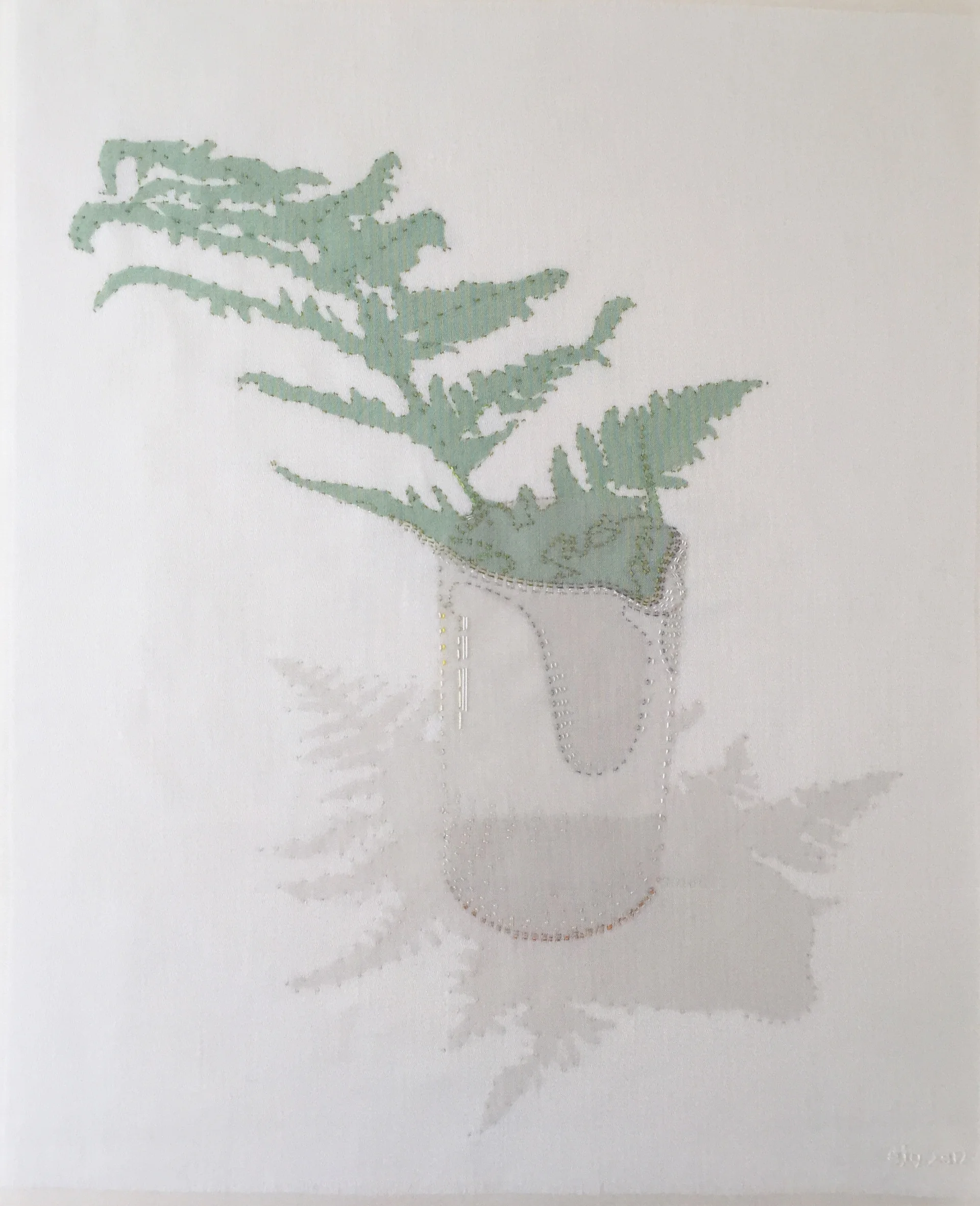 Fern in pourer 2017 hand stitched silk organza on linen – 26cm x 32cm Oak frame 42cm x 52cm - £1200