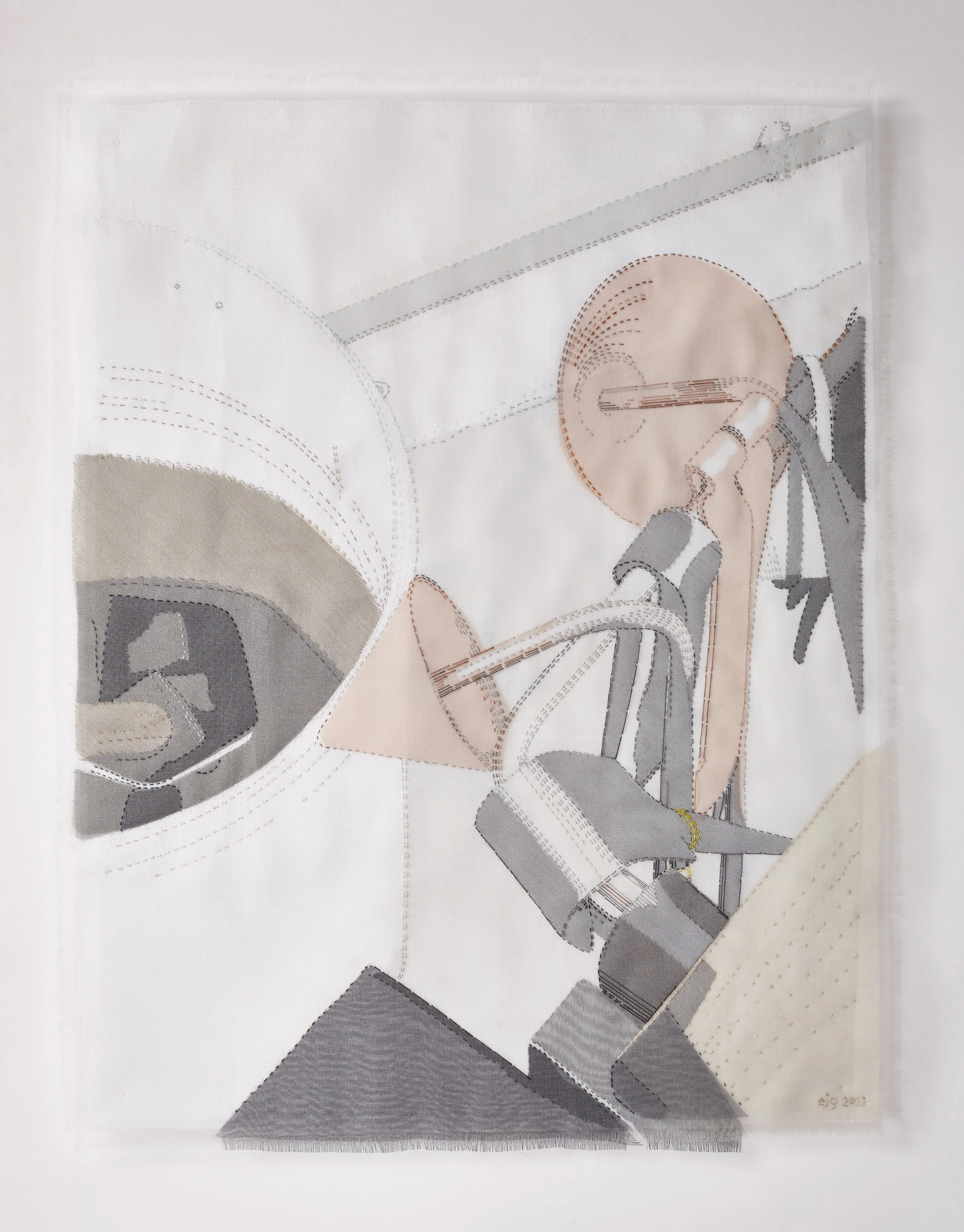 Portrait of a Glass-blower 2017, 33cm x 42cm, hand stitched silk organza appliqué on linen. AVAILABLE please enquire