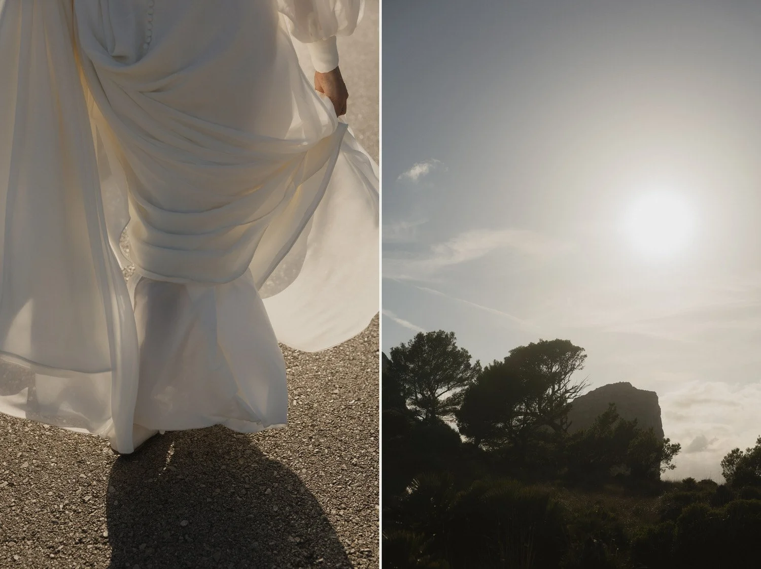 Detail of bride's wedding dress in motion during golden hour elopement in Mallorca, alongside scenic Cap de Formentor sunset landscape