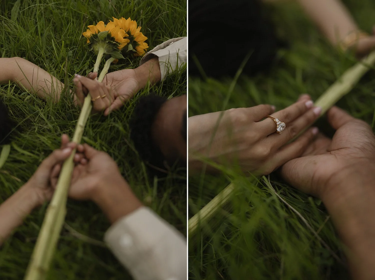 Close-up of engagement ring and hands holding flowers during surprise proposal session in São Miguel Azores