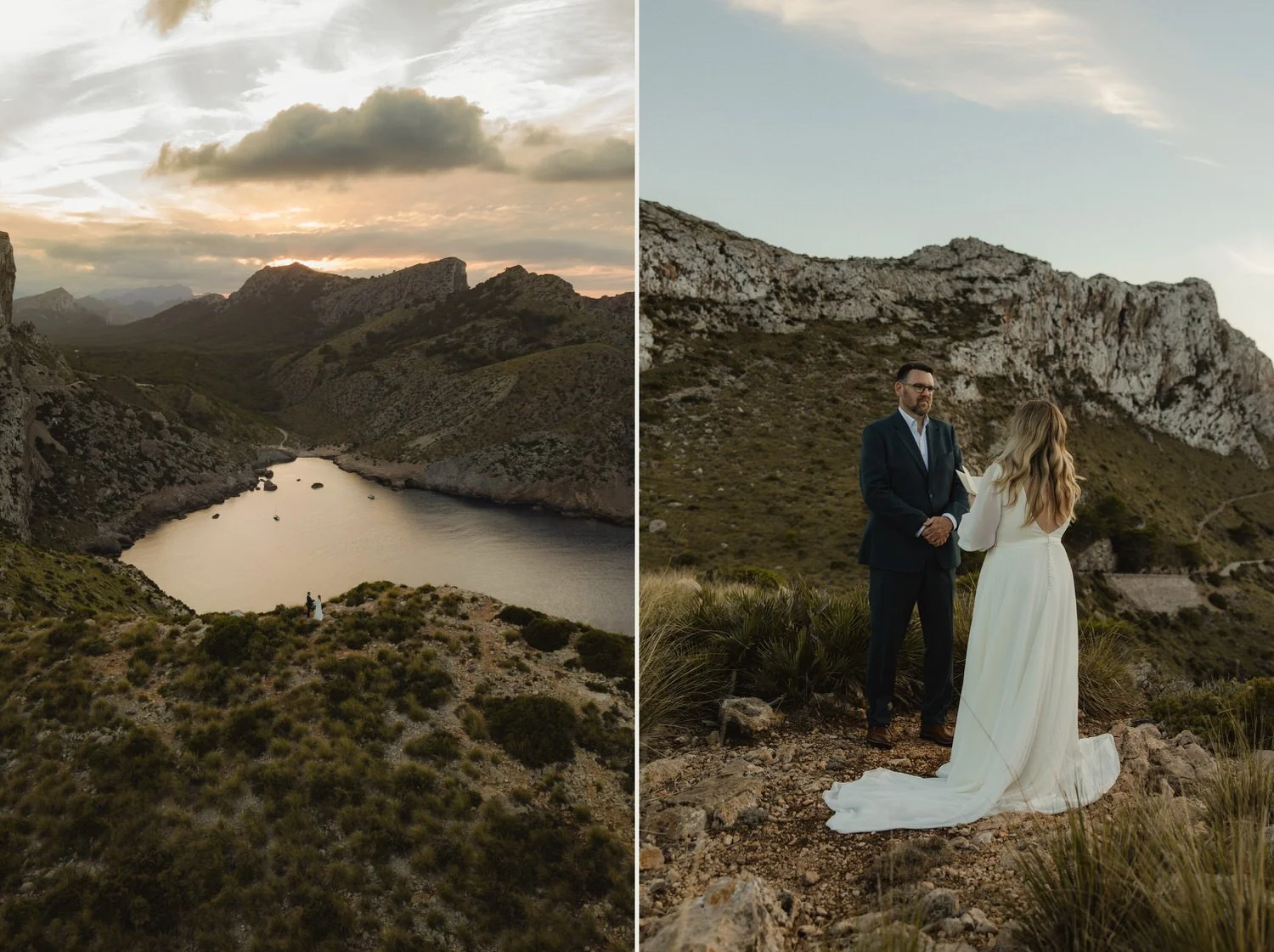 Autumn elopement in Cap de Formentor, Mallorca — drone view of the couple surrounded by dramatic coastal cliffs at sunset, and intimate ceremony moment with vows exchanged in the mountains — by Adrián Vilanova, luxury elopement photographer