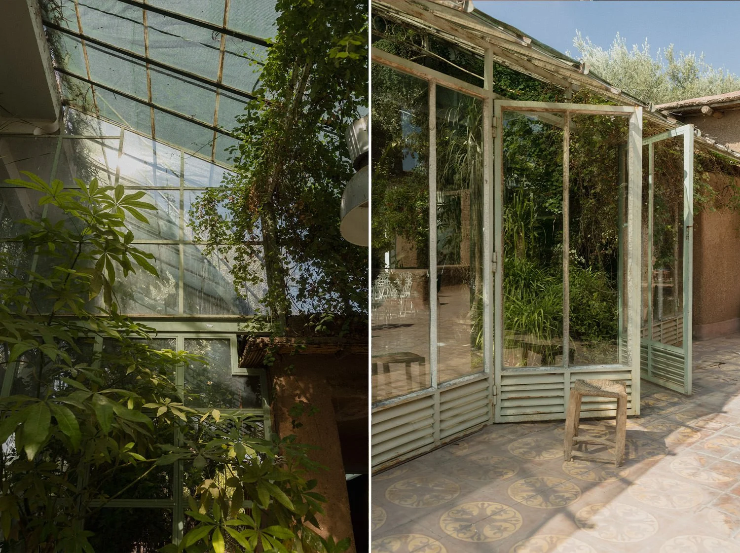 Greenhouse details and sunlit garden architecture at Beldi Country Club, the wedding venue for Katie and Amine in Marrakech.