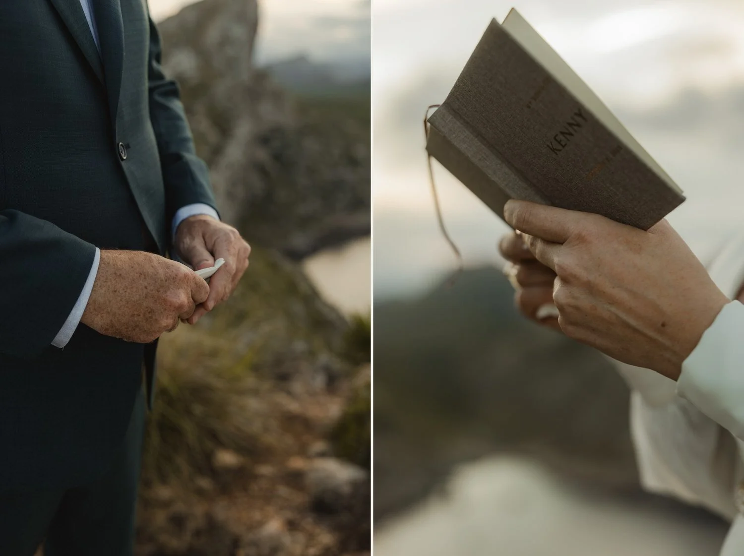 Close-up of groom holding wedding ring and bride reading handwritten vows during luxury elopement in Cap de Formentor, Mallorca — captured by Adrián Vilanova, destination wedding photographer