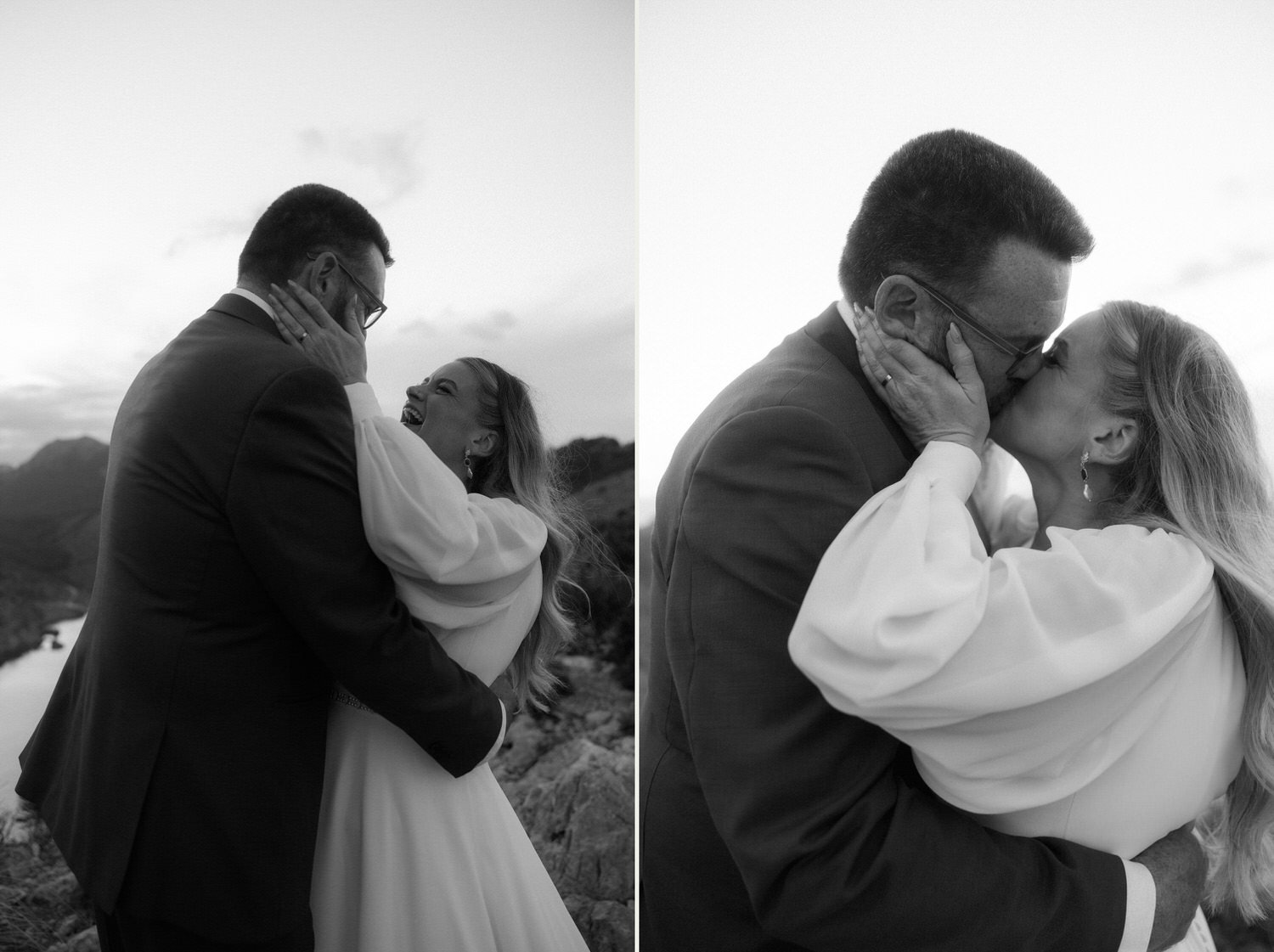 Black and white diptych of a couple laughing and kissing during their emotional elopement in Cap de Formentor, Mallorca. Pure joy and intimacy captured on a cliffside at sunset.