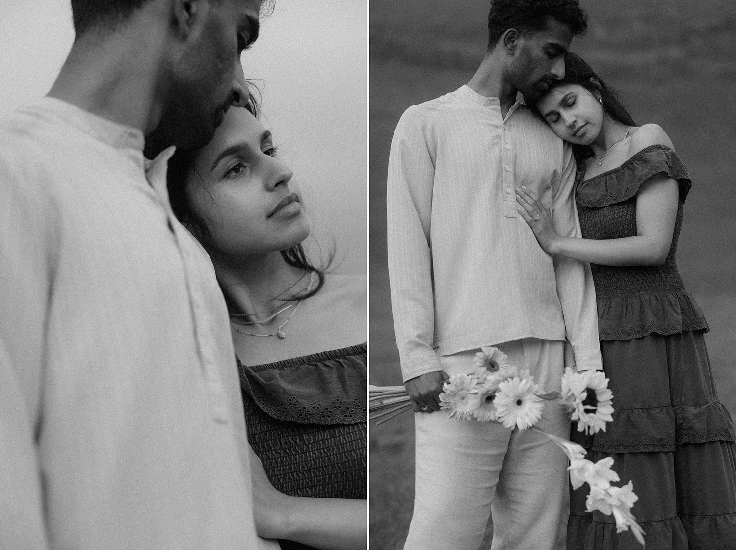 Black and white portraits of Manoj and Nimisha embracing during their engagement session in São Miguel Azores