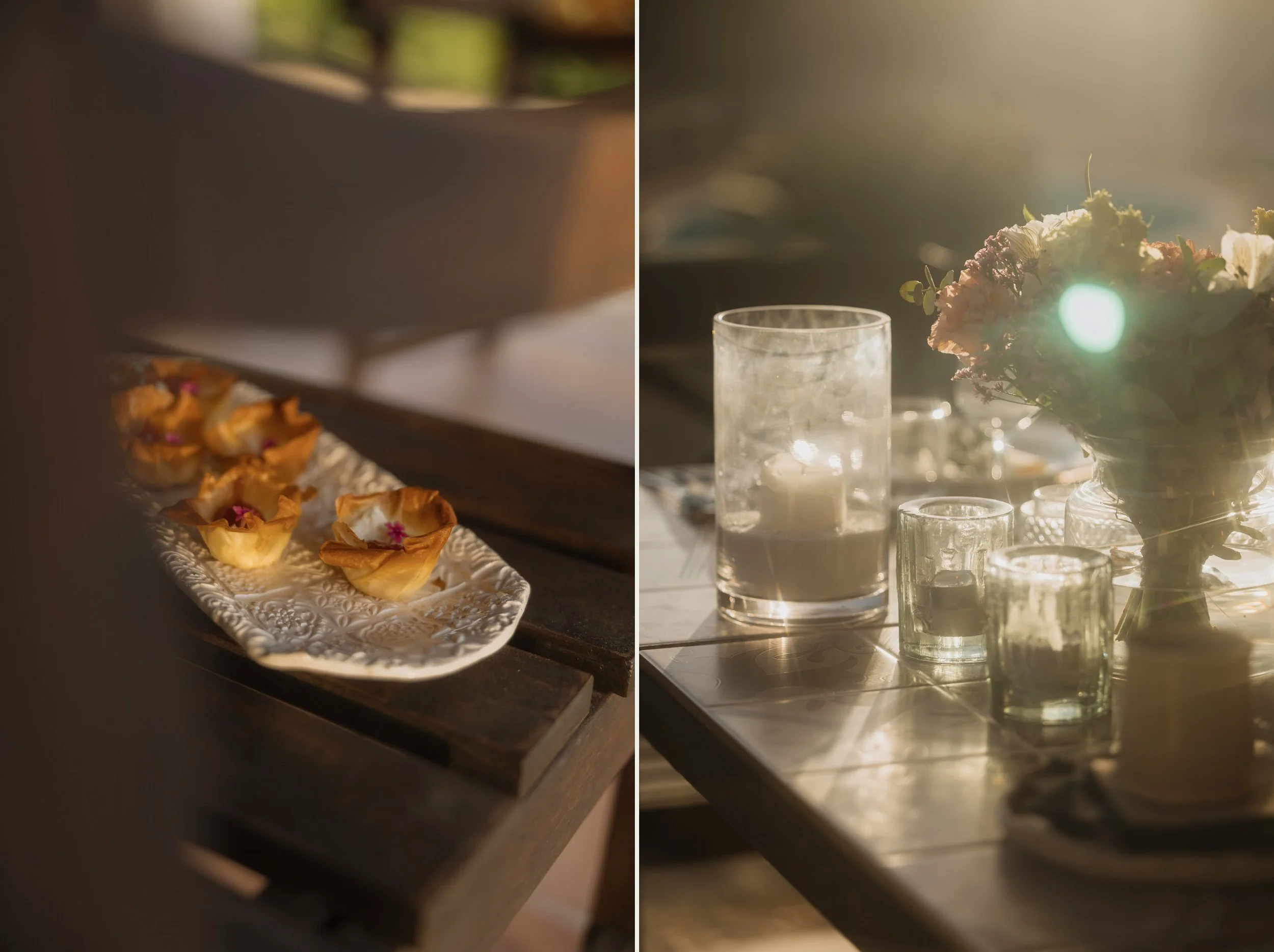 Artisanal wedding appetizers and romantic table decor with candles and flowers at a sunset elopement in Mallorca