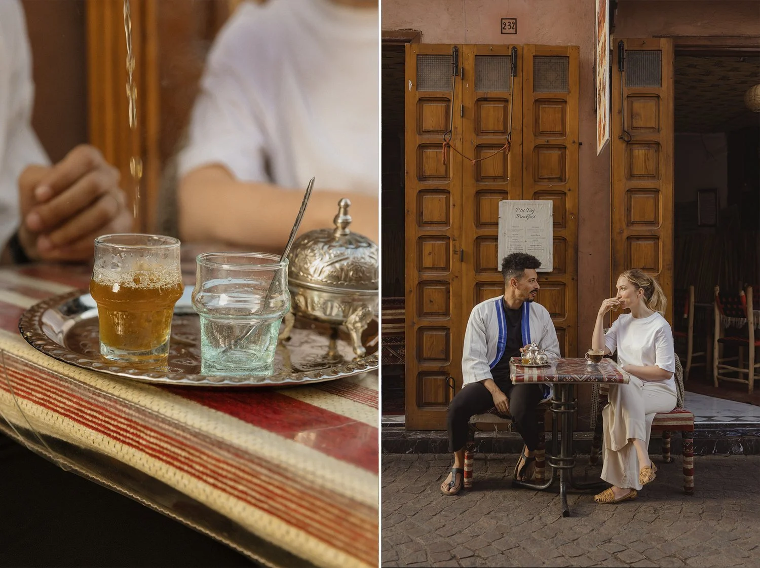 Couple sharing Moroccan mint tea together in a traditional café in Marrakech, photographed before their Beldi Country Club wedding.