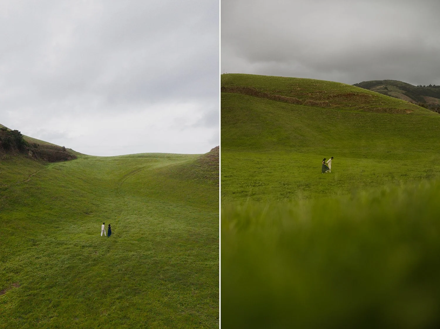 couple walking across green hills in São Miguel Azores before their surprise proposal