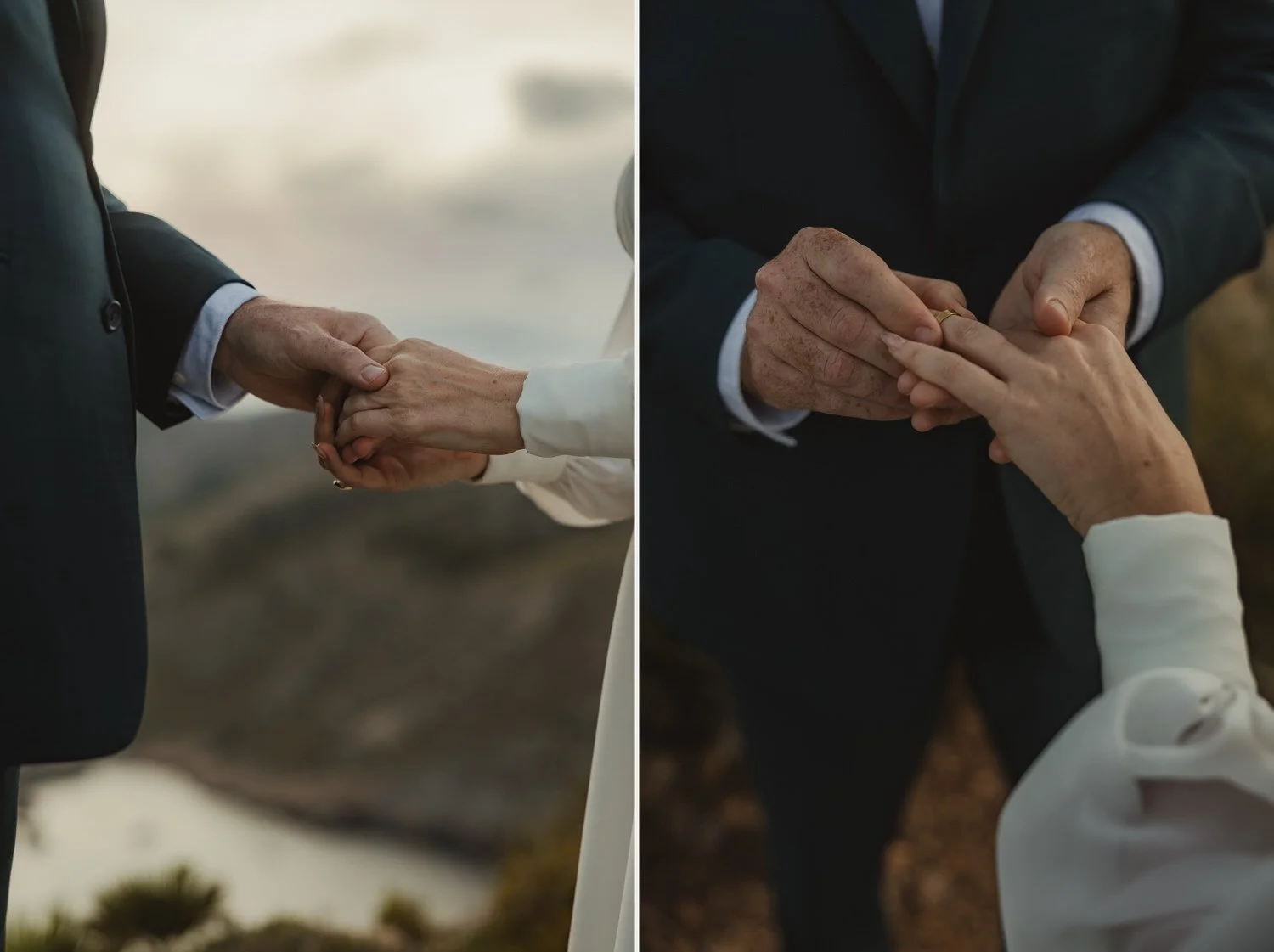 Close-up of couple exchanging rings during their intimate elopement ceremony at Cap de Formentor, Mallorca. Emotional and natural wedding moment captured outdoors.