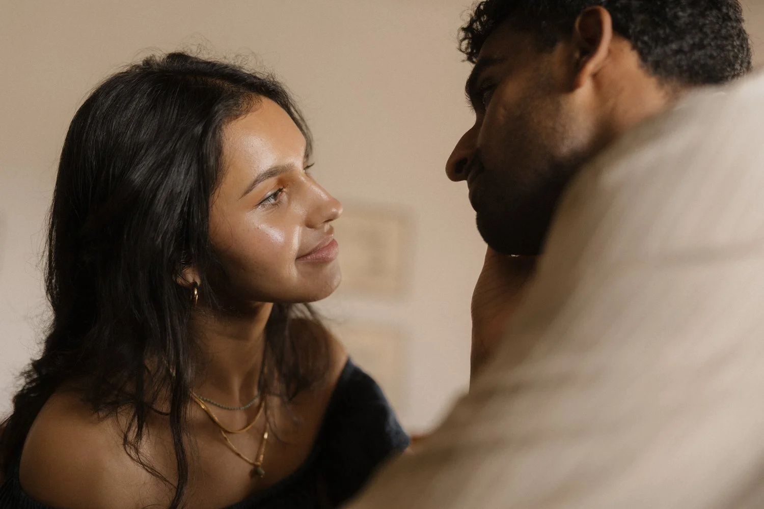 Nimisha looking at Manoj during a quiet moment together in their accommodation in São Miguel, Azores