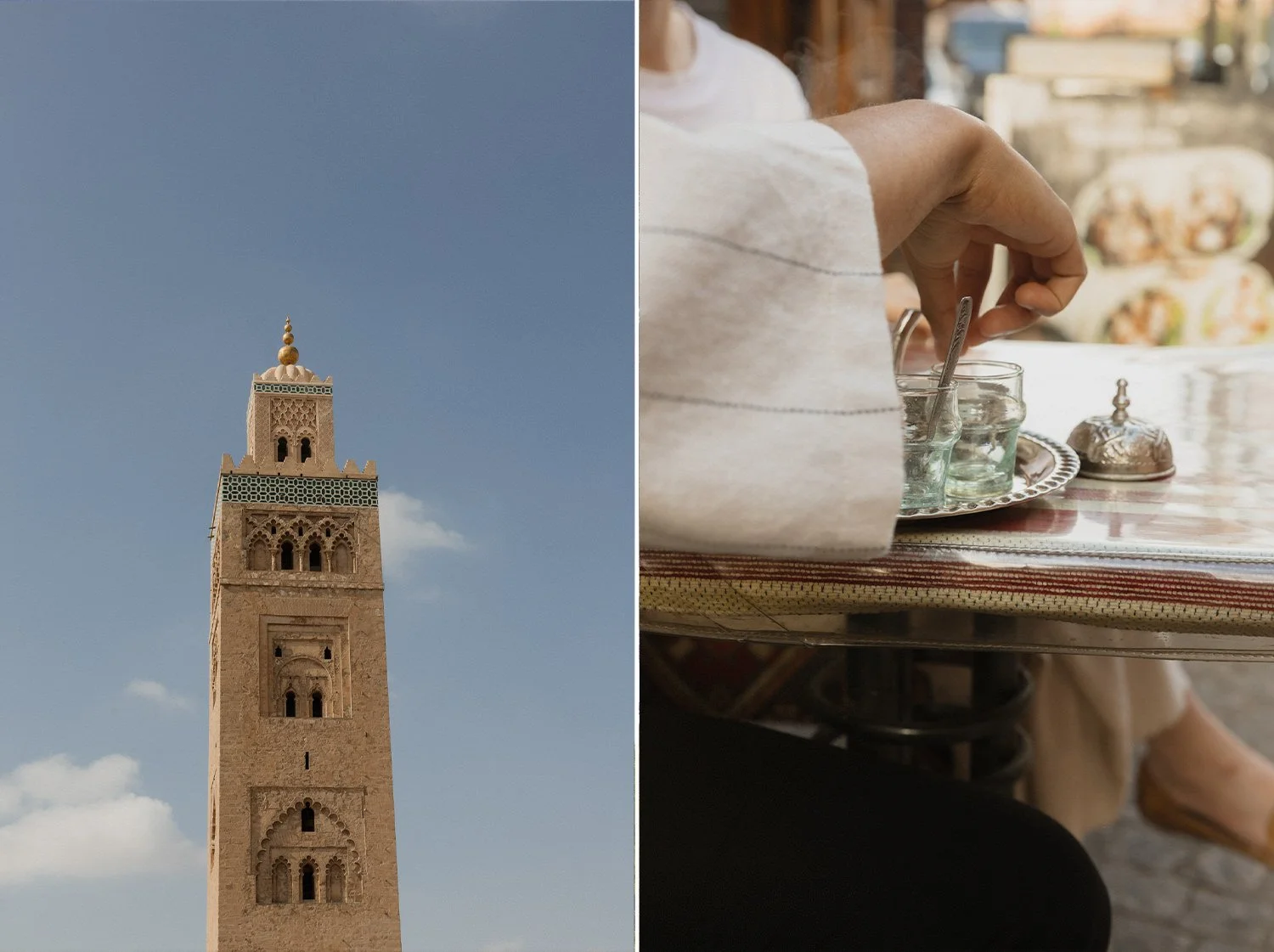 Koutoubia Mosque tower in Marrakech and a detail of traditional Moroccan mint tea served at a street café during a destination wedding weekend in Morocco.