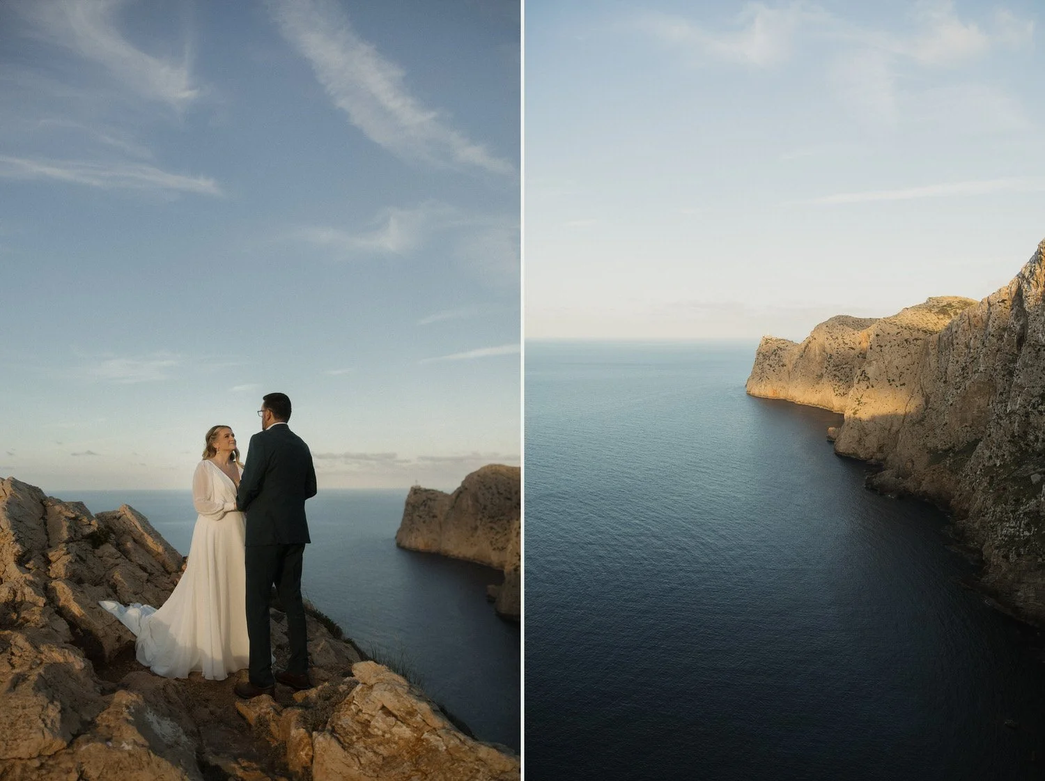 Romantic elopement ceremony at Cap de Formentor cliffs in Mallorca, with couple exchanging vows at sunset — captured by luxury destination wedding photographer Adrián Vilanova