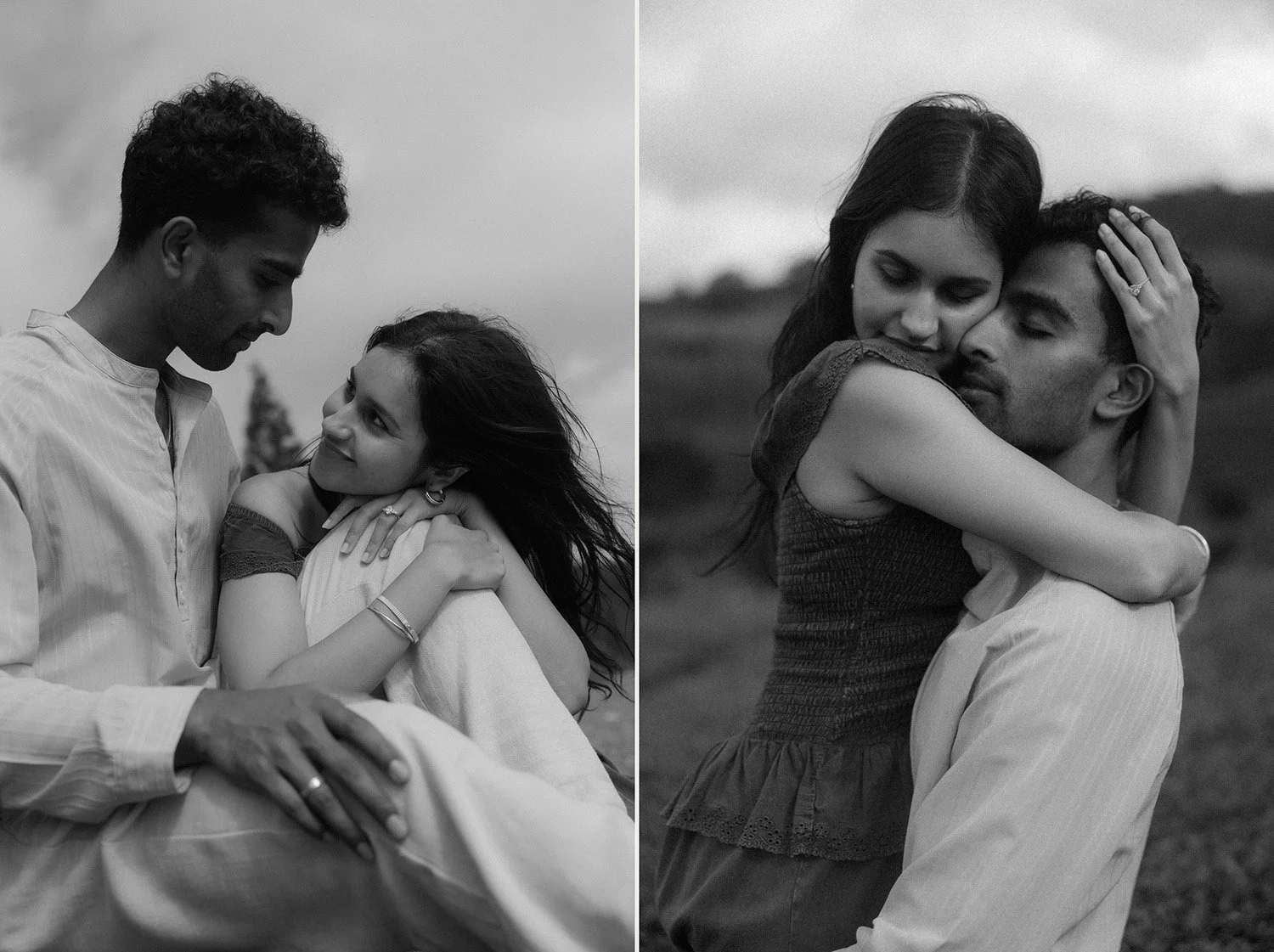 Black and white portraits of engaged couple embracing during engagement session in São Miguel Azores