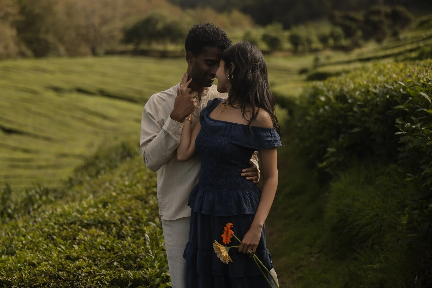 Couple embracing in Gorreana tea plantation during engagement session in São Miguel Azores