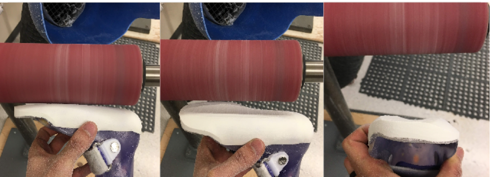Once foam is secured on device, a good technique in creating the flat surface in all planes is to take the device’s plantar surface against a drum or barrel sander. Using the tibia as a reference, grind into the foam and a 90 degree angle and create a ridge or valley in the frontal plane (you will want to go as deep into the foam until you expose the toe plate as much as possible while not taking too much off the heel). Then you will start grinding in the frontal plane to flatten out this valley. Check on a flat surface.