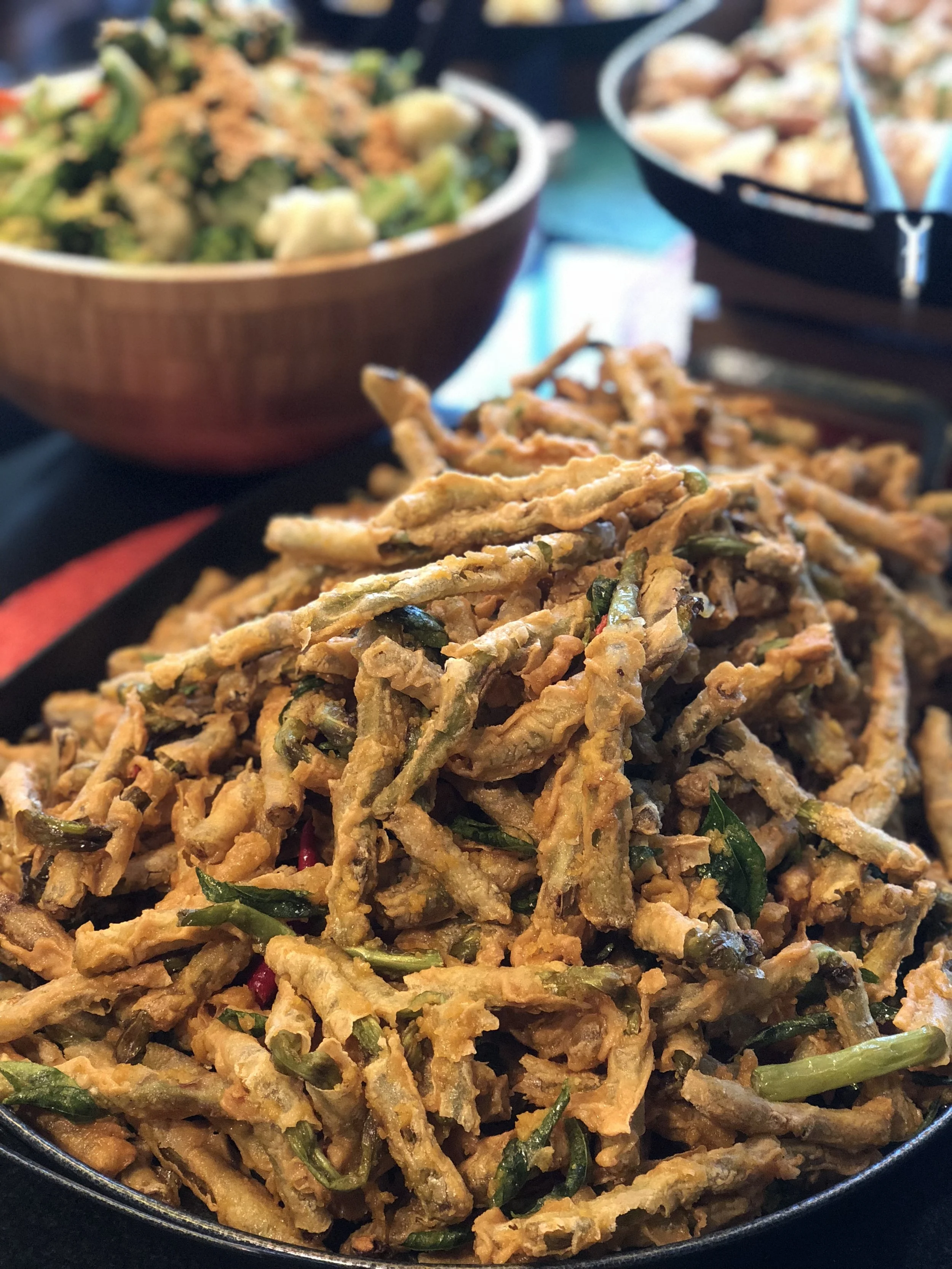 Tempura Organic Yardlong Beans with Crisp Curry Leaves & Chilli Crisp
