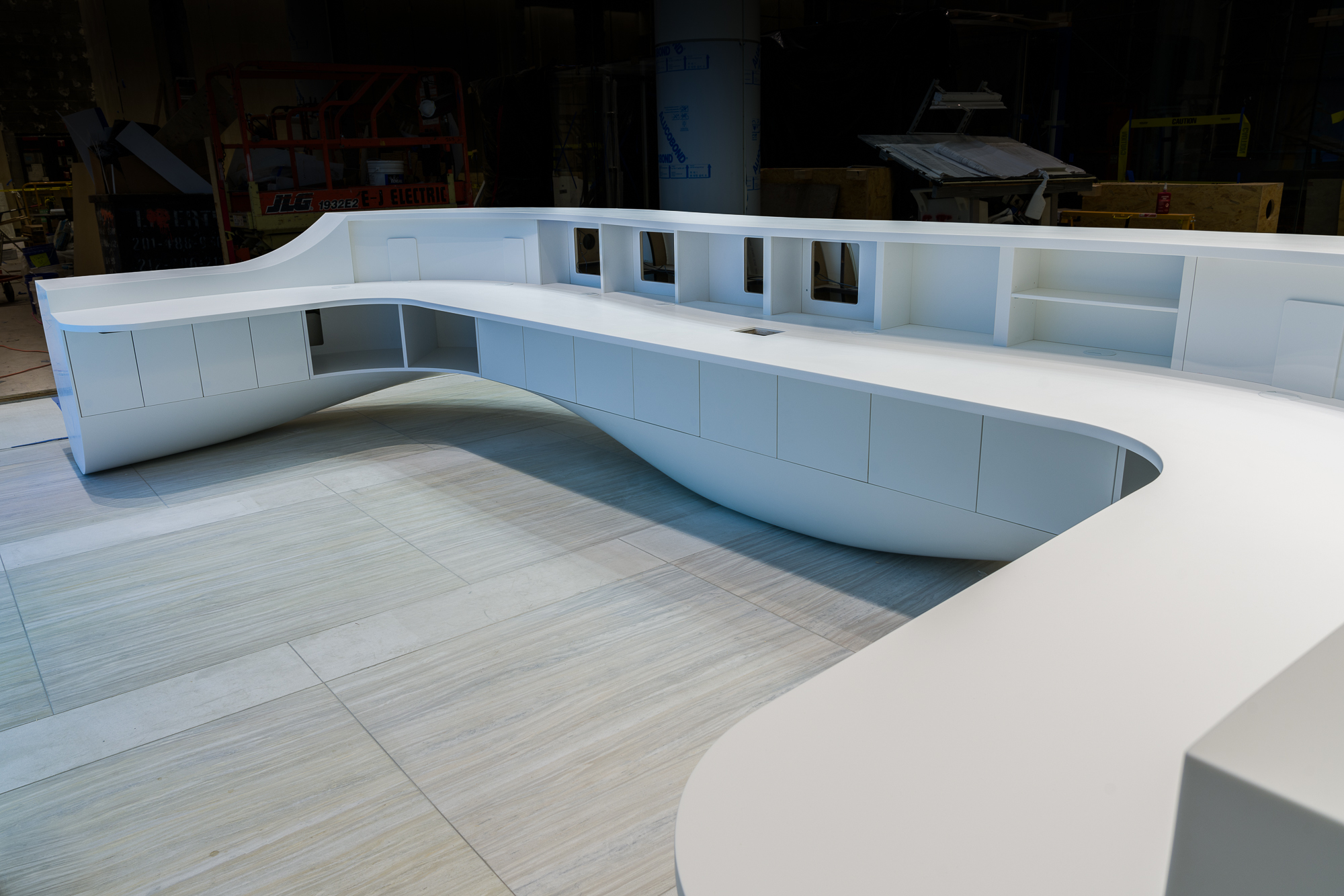 Back side of the desk with cutouts for electrcial requirements.