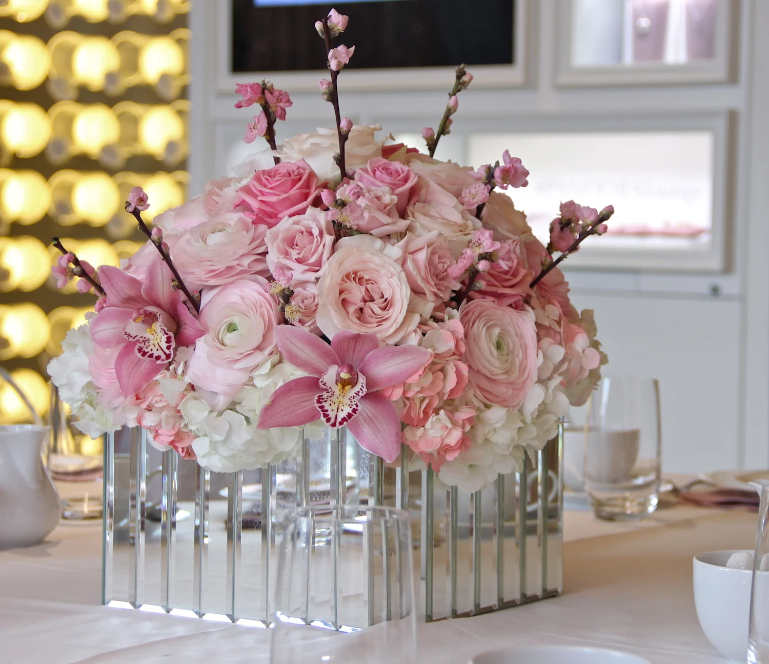  Pandora Press Event, Afternoon Tea: In the Pink - Orchid, wild rose &nbsp;&nbsp; ranunculus and cherry blossom table centres 
