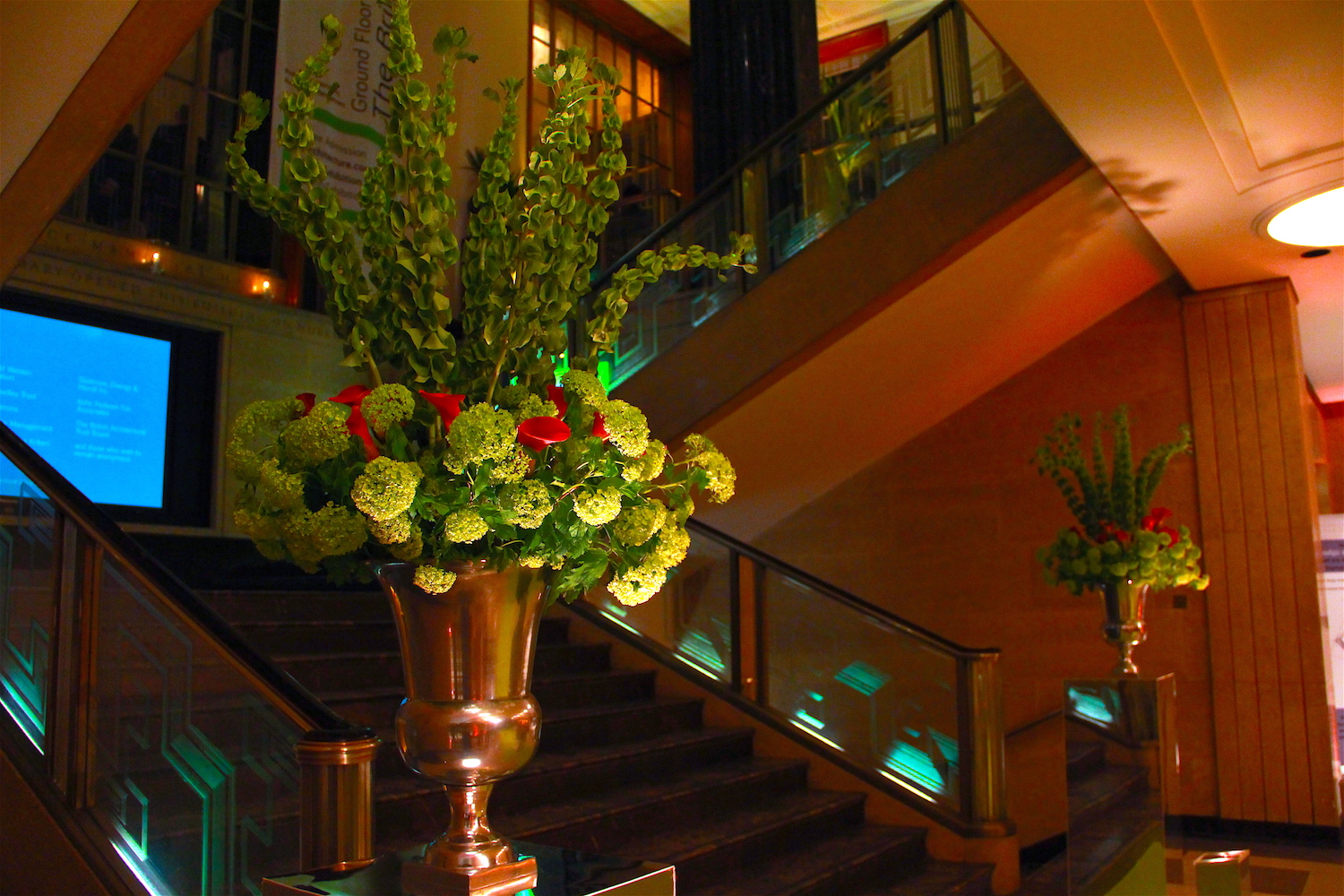  RIBA Gallery Launch:&nbsp; Two large arrangements on mirrored plinths flank the atrium stairwell 