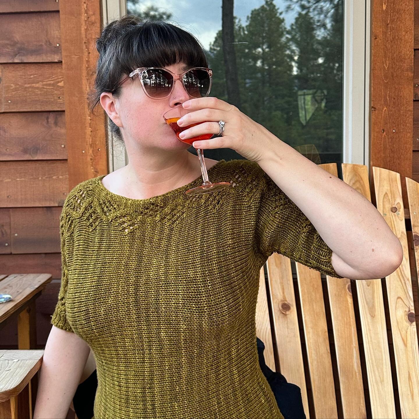 Happy #MeMadeMay, Mother&rsquo;s Day Edition for Day 14, featuring back deck cocktail hour. Here&rsquo;s my #LanewaySweater knit in @madelinetosh from 2013! Love the neckline details, the fit and the interesting color, I really should wear it more. I