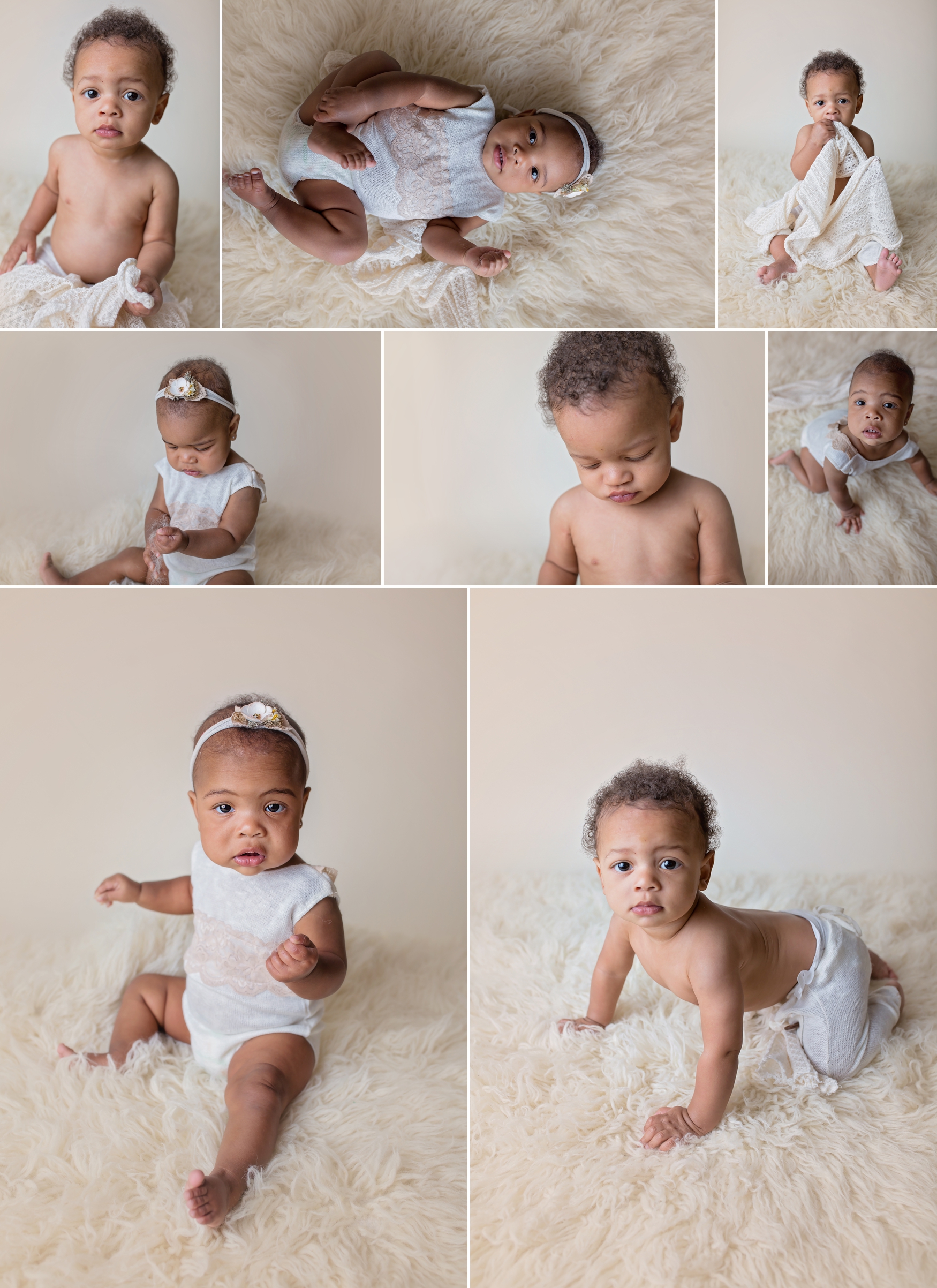 Twins crawl on white flokati rug during 7 month session.