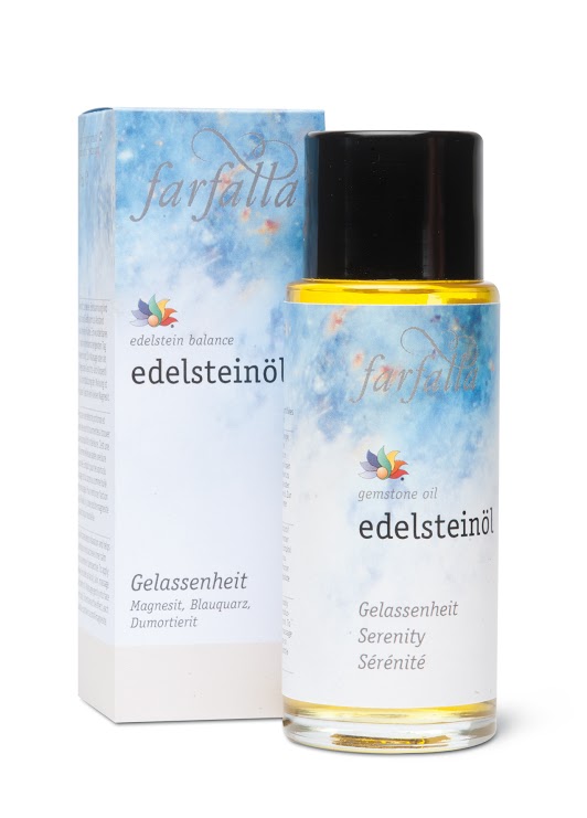 Gemstone Oil: Serenity Enjoy personal tranquillity! This oil facilitates deep relaxation and helps restless minds achieve inner calm and a sense of perspective. To enhance the effects, each bottle contains a small gemstone. Gemstones used: magnesite, blue quartz crystal, dumortierite Essential oils used: lavender, neroli, tangerine, roman camomile