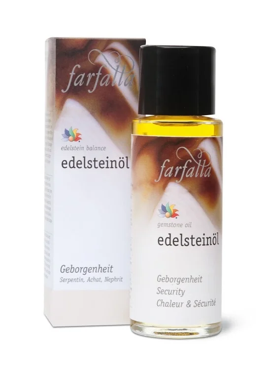 Gemstone Oil: Security Enjoy a sense of composure! This oil promotes emotional balance and stability, strengthens self-confidence and helps overcome fears. It enhances self-awareness and creativity. To enhance the effects, each bottle contains a small gemstone. Gemstones used: agate stone, nephrithe, serpentine (ophite) Essential oils used: vanilla, sandalwood, benzoin, orange