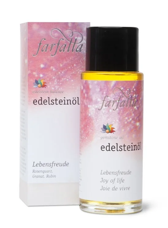 Gemstone Oil: Joy of Life Rediscover the joy of living! A bath or massage with this oil helps boost vitality, courage, sensuality and self-confidence. To enhance the effects, each bottle contains a small gemstone. Gemstones used: garnet, ruby, rose quartz Essential oils used: rose, sandalwood, rose geranium, bergamot
