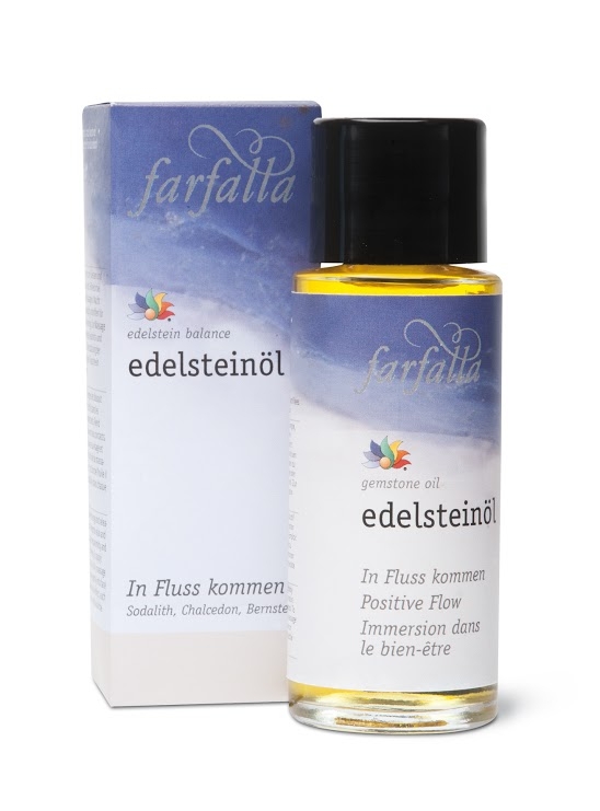Gemstone Oil: Positive Flow Rediscover your personal centre! This oil stimulates positive energy and releases inner tension, helping to relax both mind and body. It encourages serenity and a feeling of ease. To enhance the effects, each bottle contains a small gemstone. Gemstones used: sodalithe, chalcedony, amber Essential oils used: white fir, geranium, palmarosa