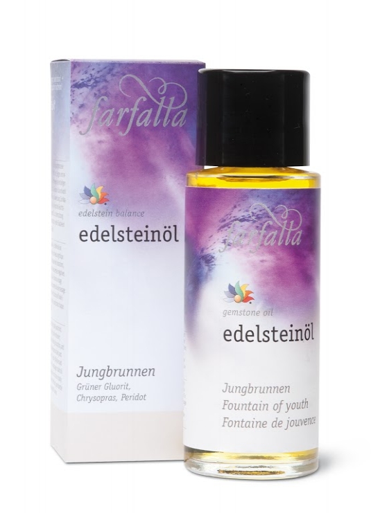 Gemstone Oil: Fountain of Youth Recapture feelings of your youth! This oil aids in purifying mind and body. It cleanses and purifies the skin, diminishes anxiety, frustration, and negativity, while enhancing vitality and well-being. To enhance the effects, each bottle contains a small gemstone. Gemstones used: green fluorite, chrysoprase, peridot Essential oils used: juniper berry, sweet fennel, lemon