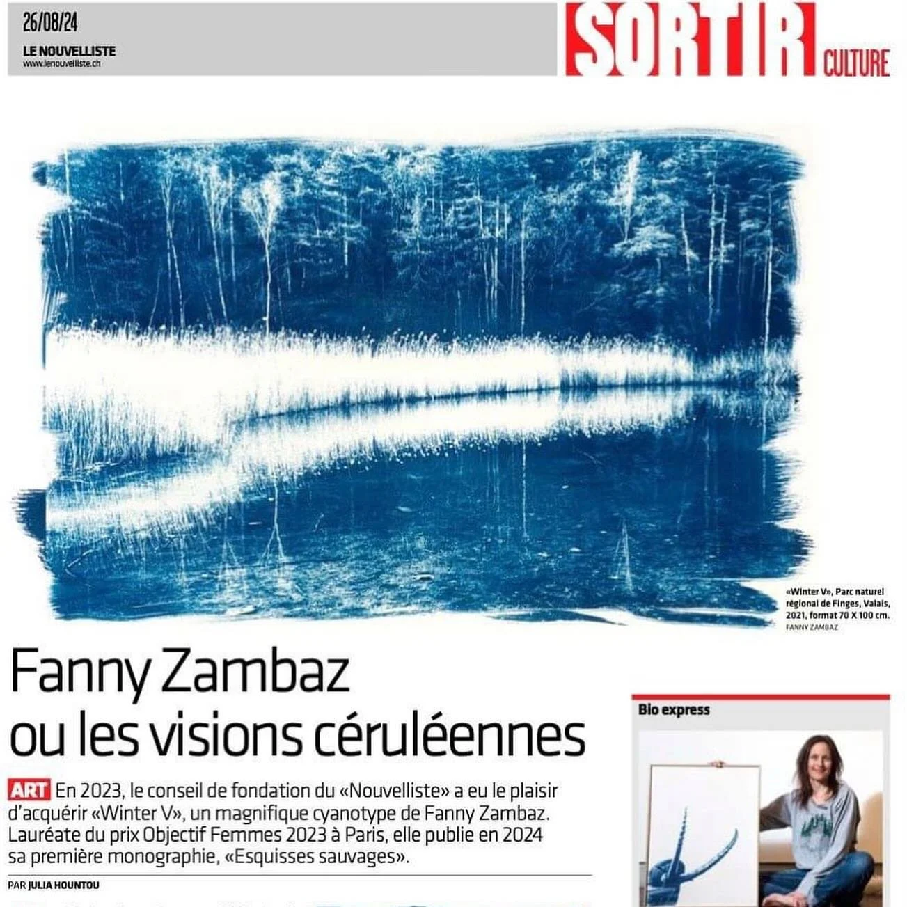 &laquo;&nbsp;Fanny Zambaz ou les visions c&eacute;rul&eacute;ennes&nbsp;&raquo;, Le Nouvelliste, 26 ao&ucirc;t 2024, p. 9. 
En 2023, le Conseil de Fondation du Nouvelliste a eu le plaisir d&rsquo;acqu&eacute;rir &laquo;&nbsp;Winter V&nbsp;&raquo;, un