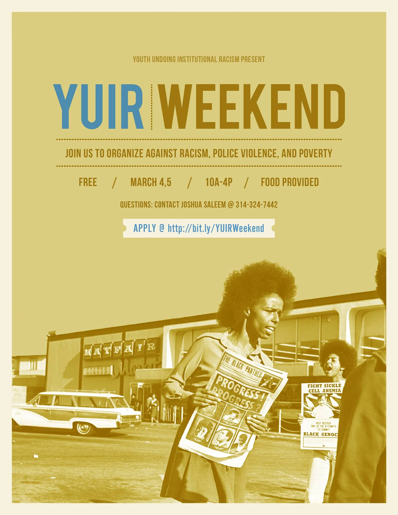 Youth Undoing Institutional Racism Weekend is a (FREE) two day workshop that focuses on analyzing oppressive systems and the social construct of race. It's geared toward youth ages 15-23, but all are welcomed. Join us to learn about and organize against systems (criminal justice, education, etc.) that work to the benefit of those who have come to be called white but often hinder people of color.