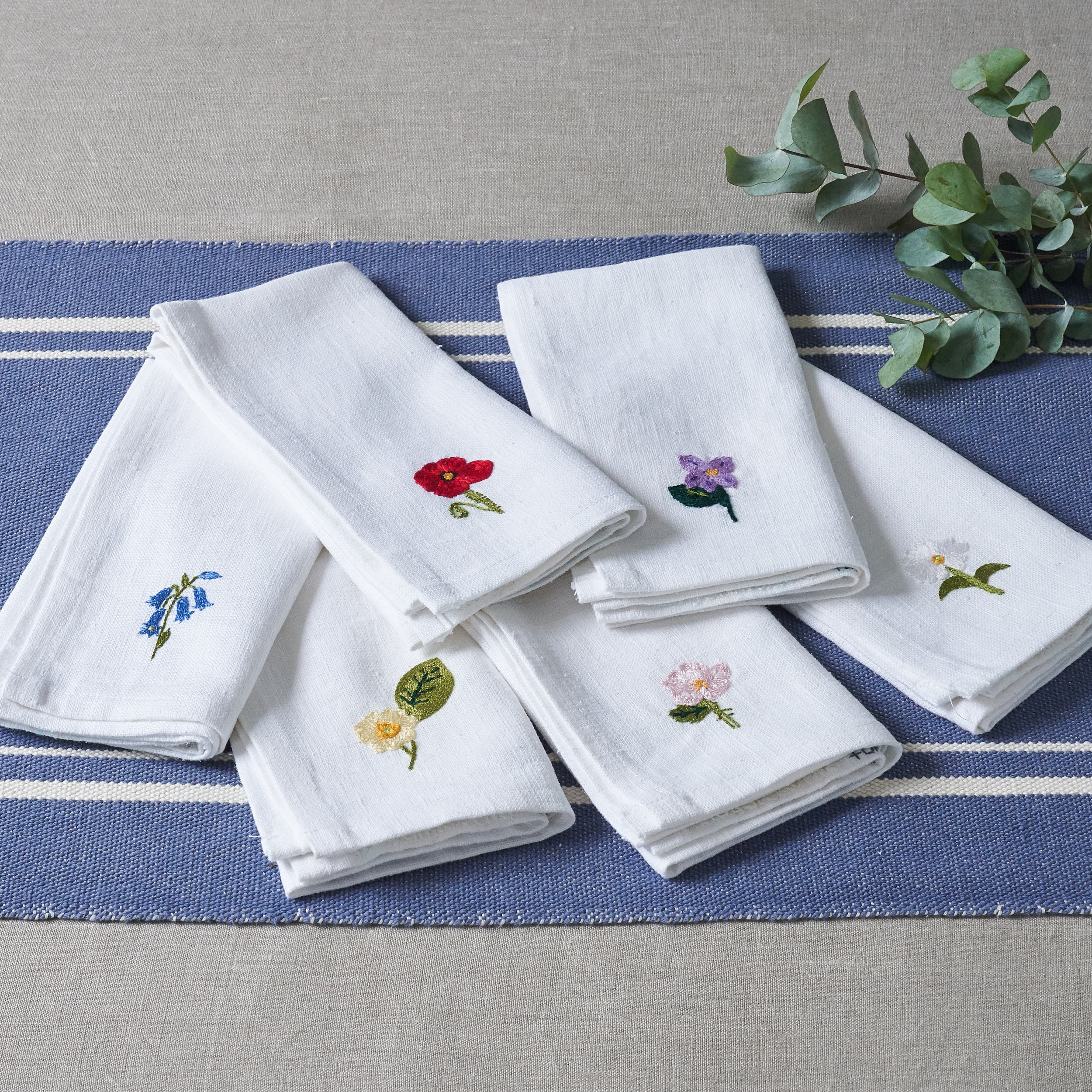 Light Blue Handmade Linen Napkin Set Featuring Personalised Floral Hand Embroidery