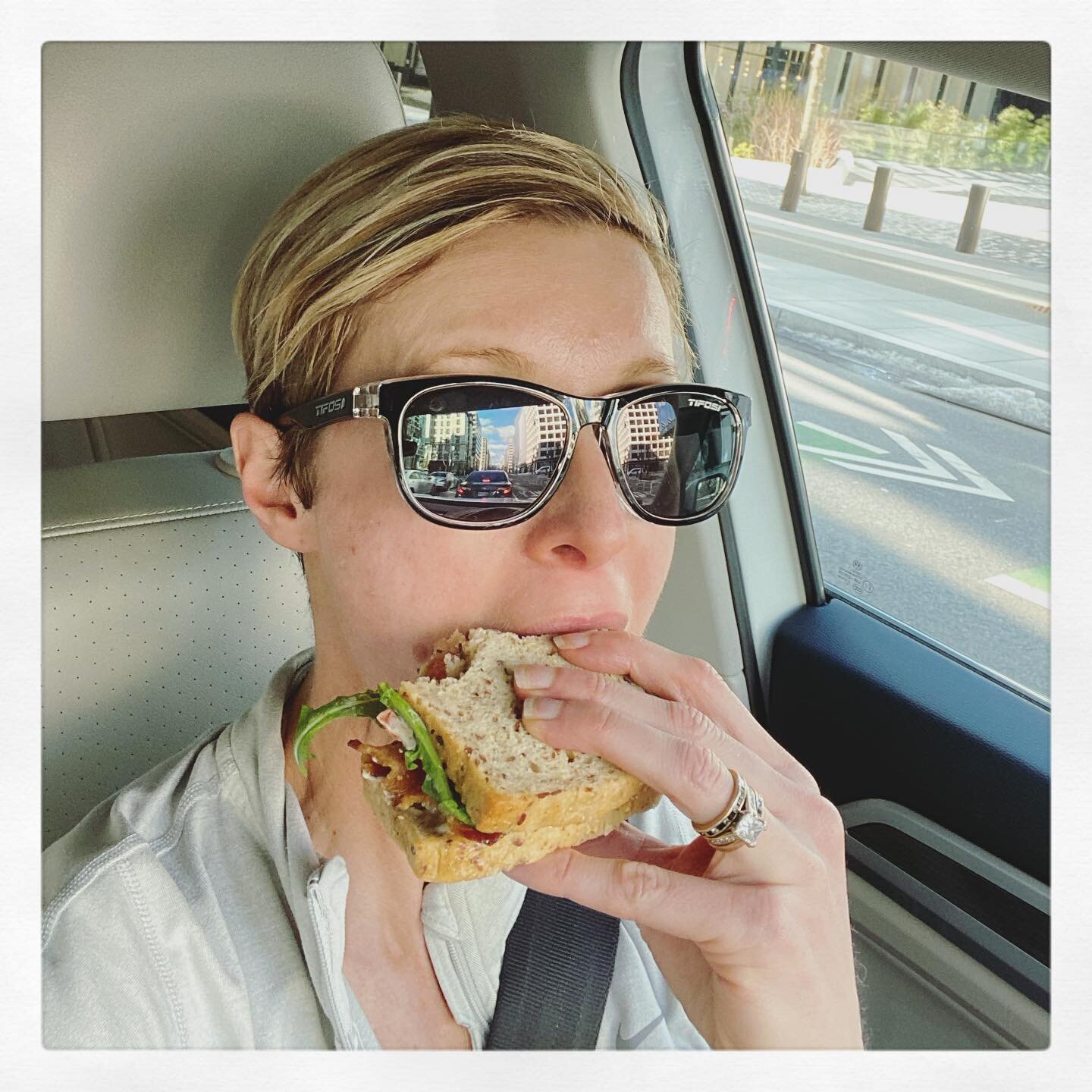 A picture speaks a 1000 words 📸 
A mom. Post run. Starving and Eating lunch at stop lights so she can get to carpool on time. I&rsquo;m re-exhausted thinking about it 😳

Oh and yes. That is a GF BLT the size of my face.

#mommingainteasy #momsdoita