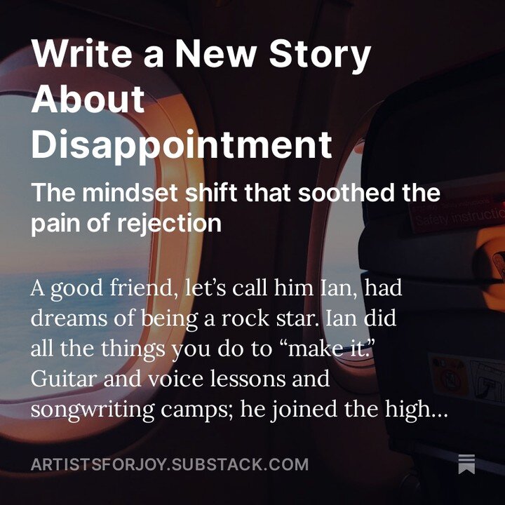 This week's podcast/substack explores the challenge of persevering through creative disappointment. We meet Ian, a musician whose band falls apart, and learn the tool that is helping me cope with a recent and painful rejection. 

Check it out via the