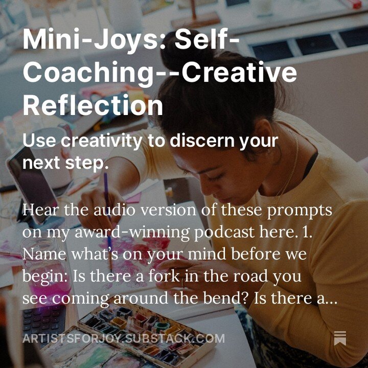A Mini-Joys Self Coaching exercise is live on Substack! Use creativity to reflect and discern. When I tried this one, I got a great insight. Tag me with what you create! 

Link to Substack in bio or visit artistsforjoy.substack.com 

#newsubstack #ar