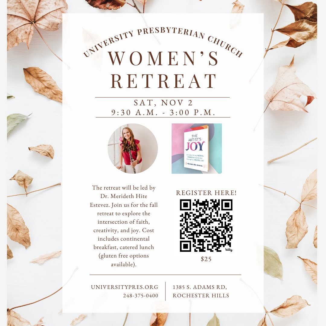 So excited to be leading the women&rsquo;s retreat at University Presbyterian @upresbyterian in Rochester Hills, MI next Saturday!

I&rsquo;m told there are a few spots left. If you&rsquo;re in the area, join us! 

Register via link in bio or by visi
