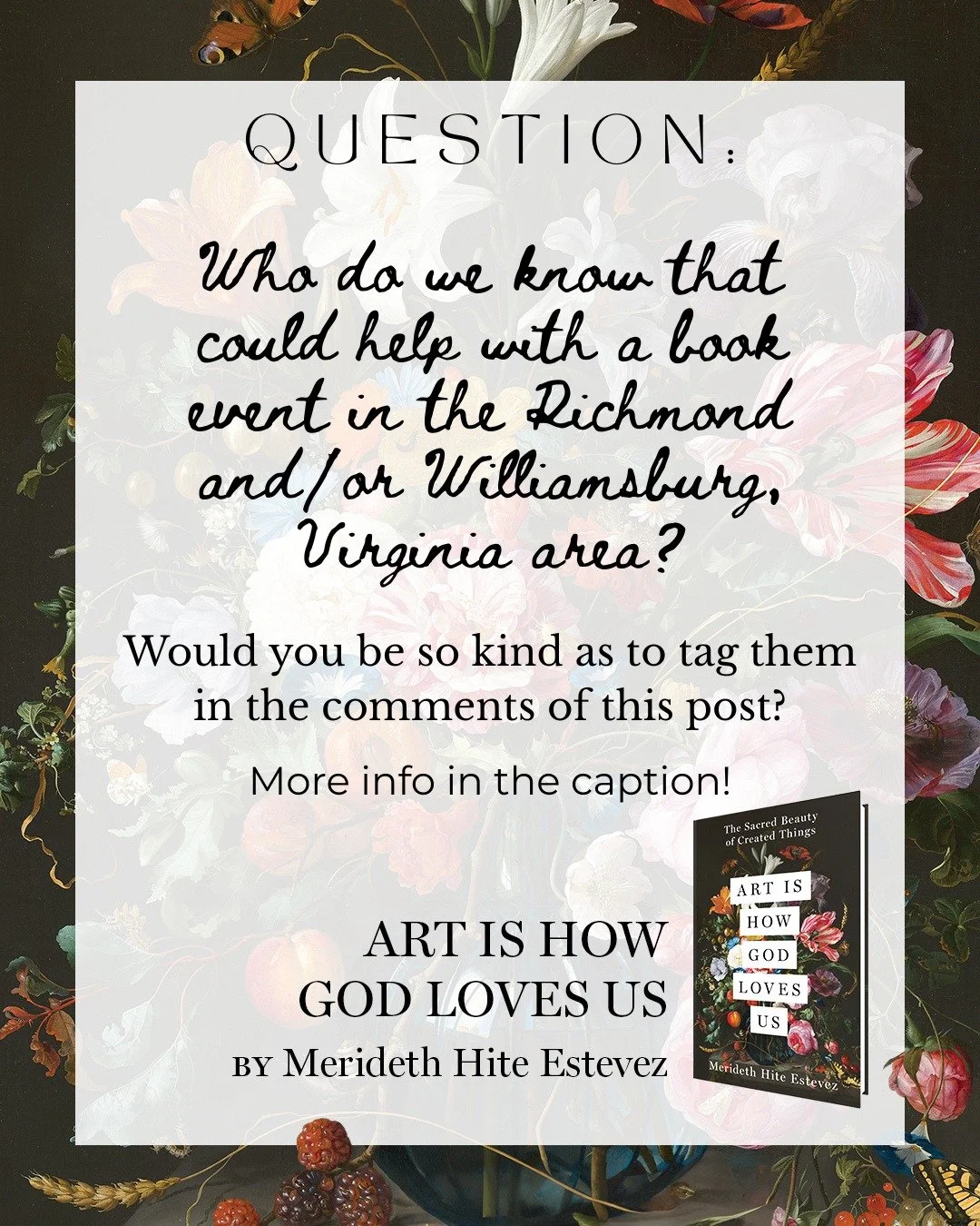 Calling my Virginia community! 📣 I&rsquo;m planning a stop in the Richmond/Williamsburg area for Art is How God Loves Us, and I need your local expertise.

I&rsquo;m looking for:
📍 Venues: Think independent bookstores, art studios, or spiritual cen